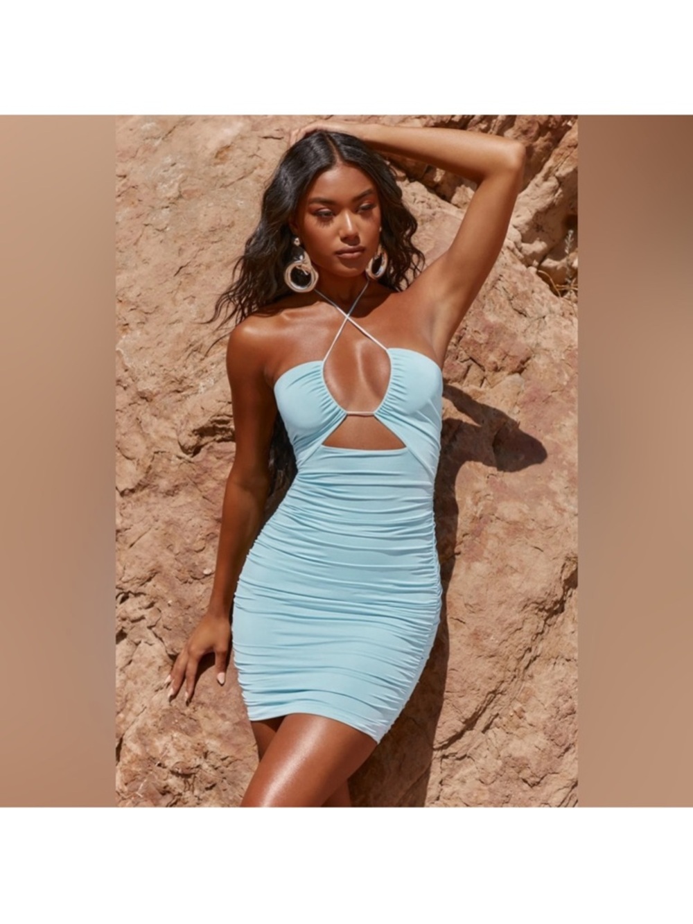 Oh Polly Sky Blue Halter Cutout Bodycon Mini Dress